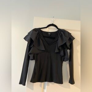 Black Ribbed Ruffled Long Sleeve Top River Island